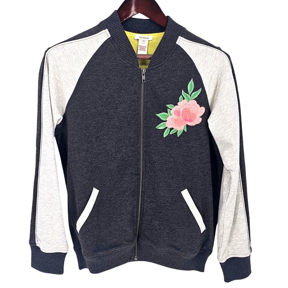 Sundance Floral Embroidered Cotton Bomber Jacket Grey Women's Medium Boho